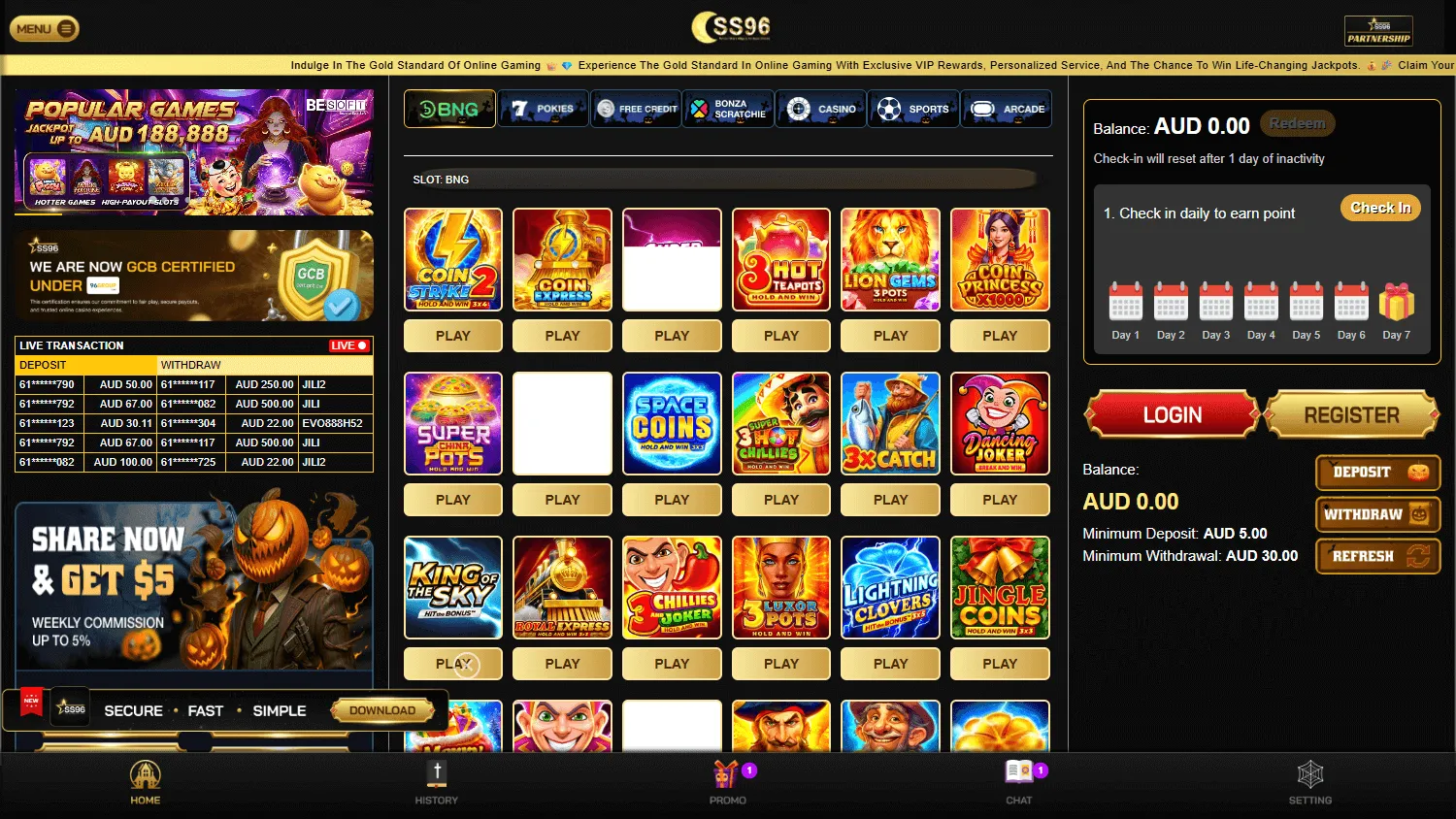 Skystar96 Casino desktop home experience with casino access and promotional information