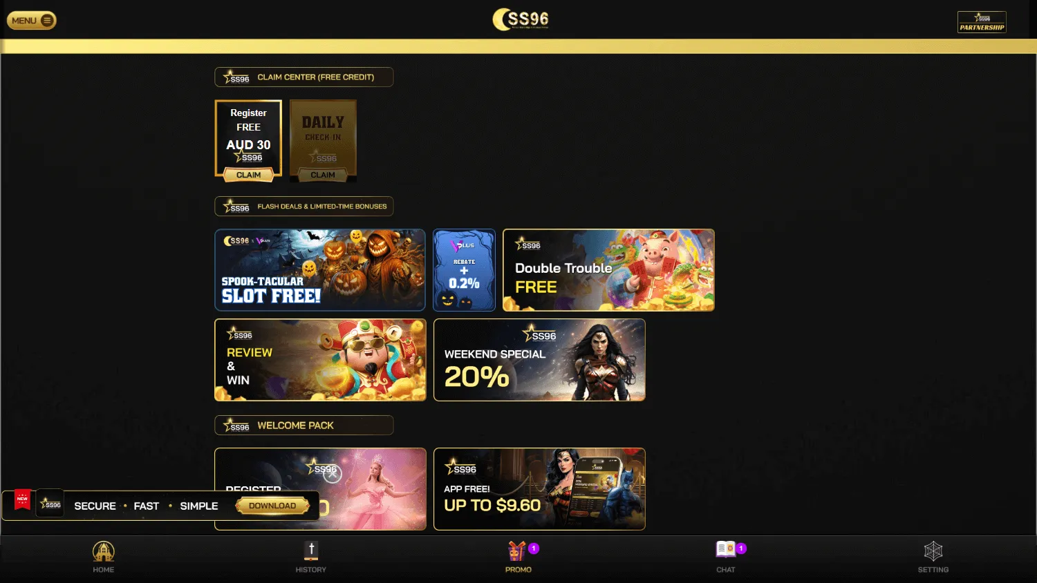 Skystar96 Casino desktop promotions area with welcome, daily, weekend and VIP offers